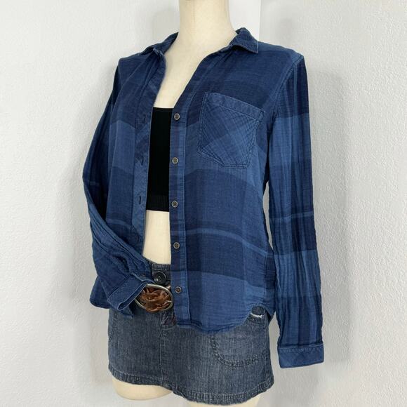 Cloth & Stone Blue Gauze Plaid Button Front Shirt Size Small - Picture 1 of 6